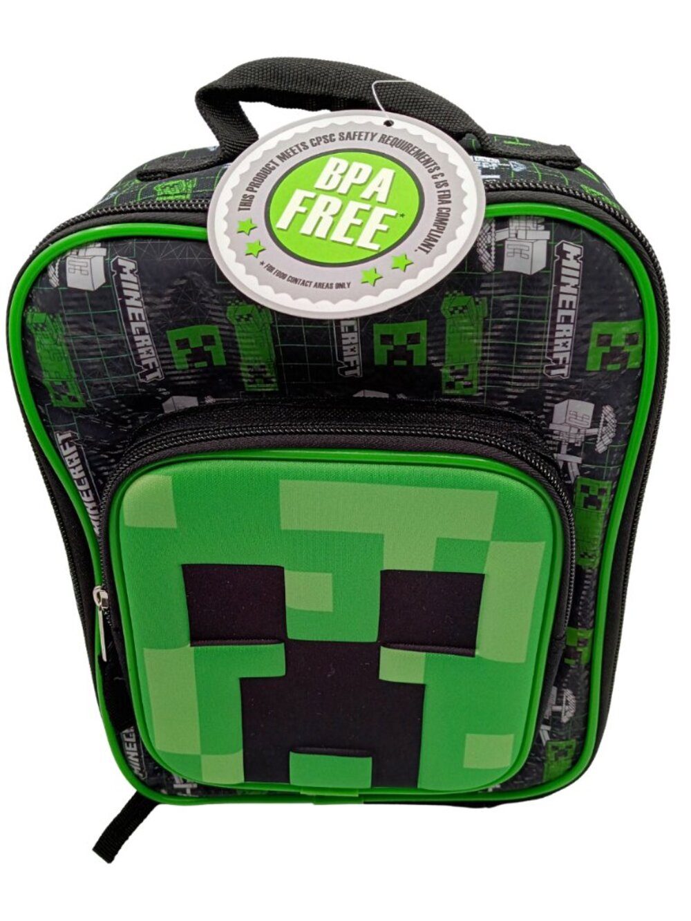 Official World of Minecraft Creeper Kids Insulated Lunch Bag w/ Big Front Pocket